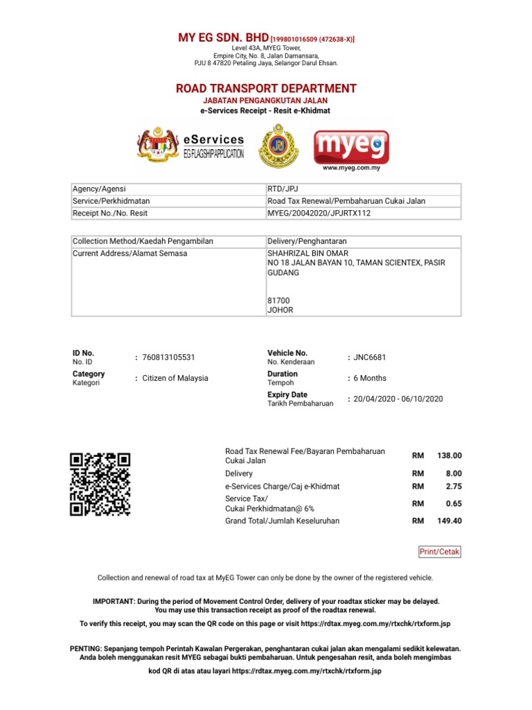 Myeg road tax delivery