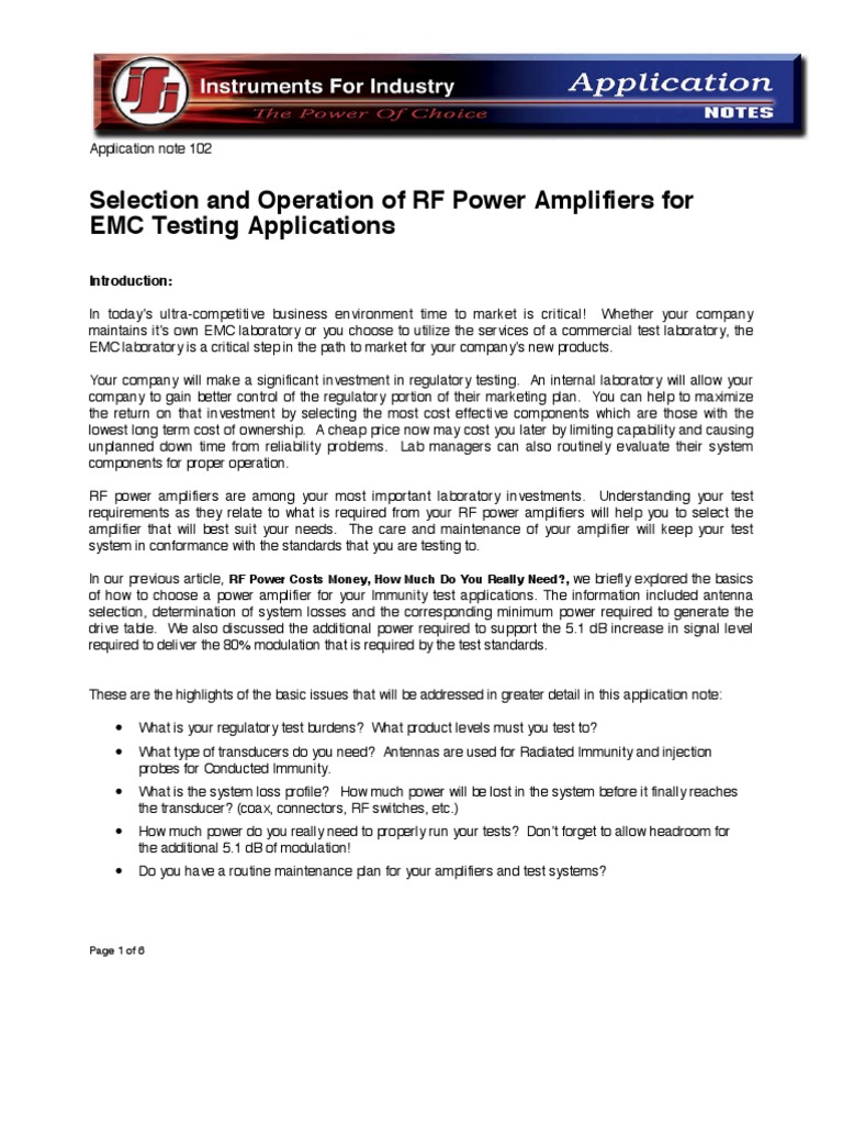 RF Power Amplifier Selection for EMC Testing | PDF | Amplifier ...