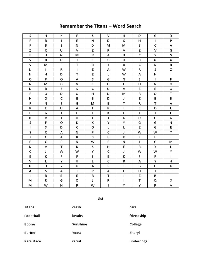 Remember The Titans Word Search PDF