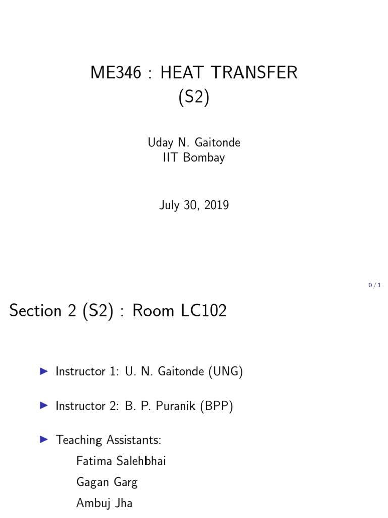 Me346 Heat Transfer (S2) Uday N. Gaitonde IIT Bombay PDF