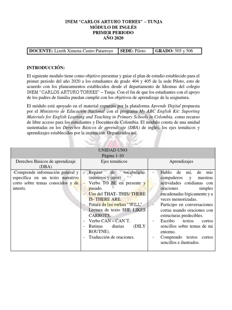 Modulo de Ingles Primer Periodo Grado Quinto Versión Final 26 03 2020 ...