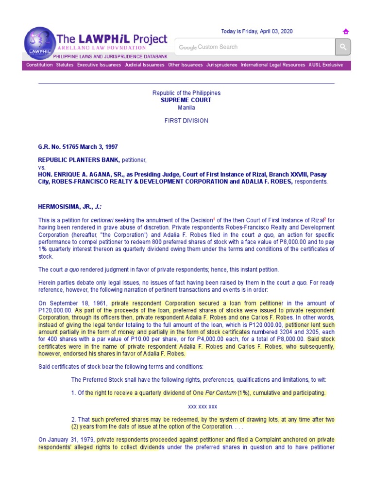 Republic Planters Bank v. Agana, 269 SCRA 1 PDF Retained Earnings