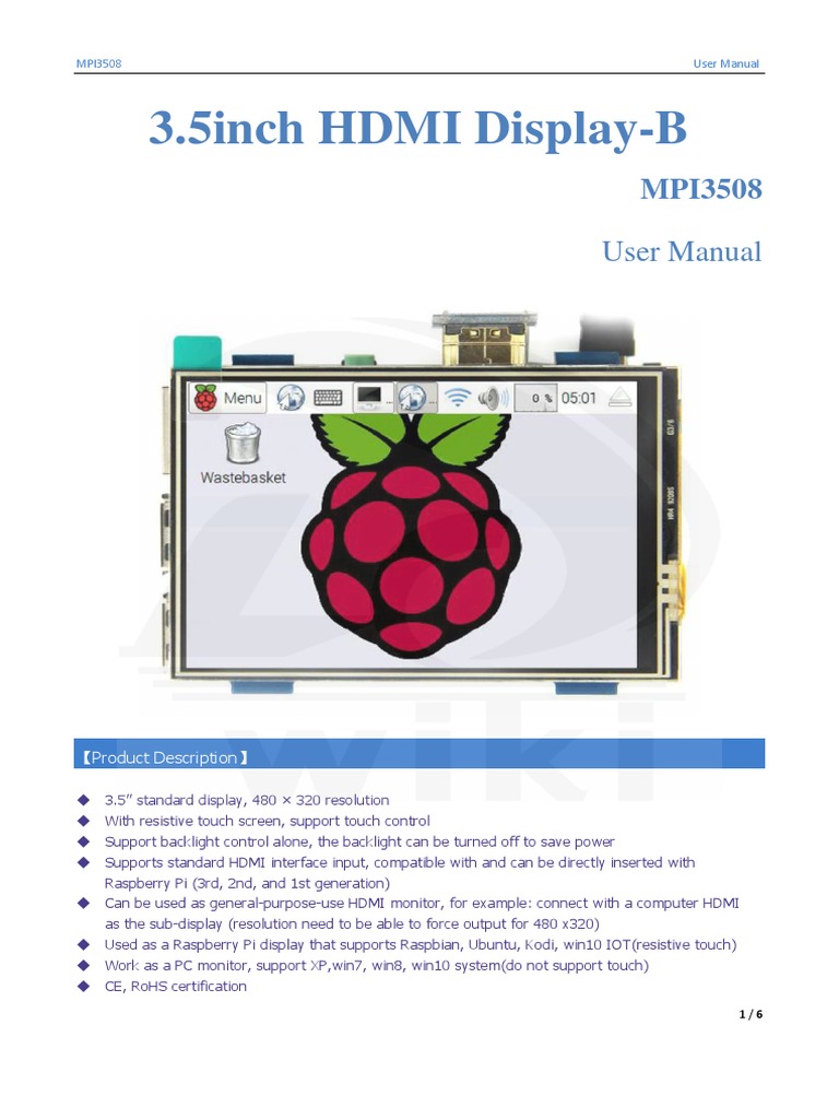 MPI3508 3.5" HDMI Display Manual | PDF | Raspberry Pi | Computer Monitor