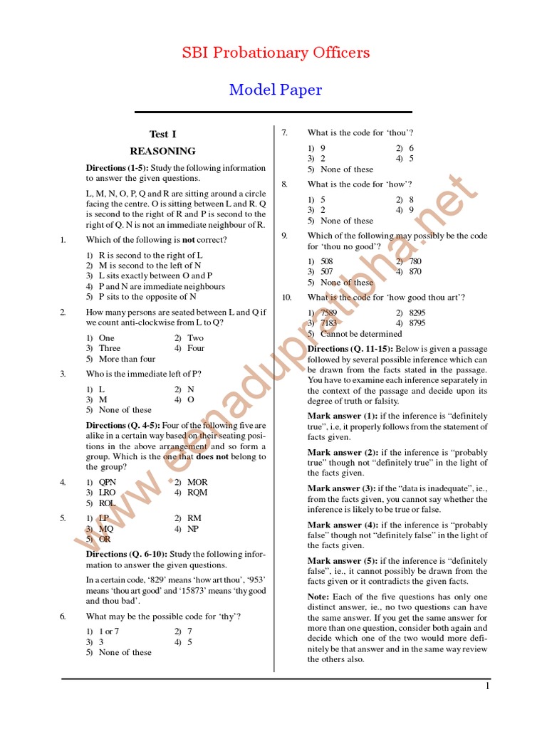 SBI PO Model Paper4 | PDF | Literacy | Inference