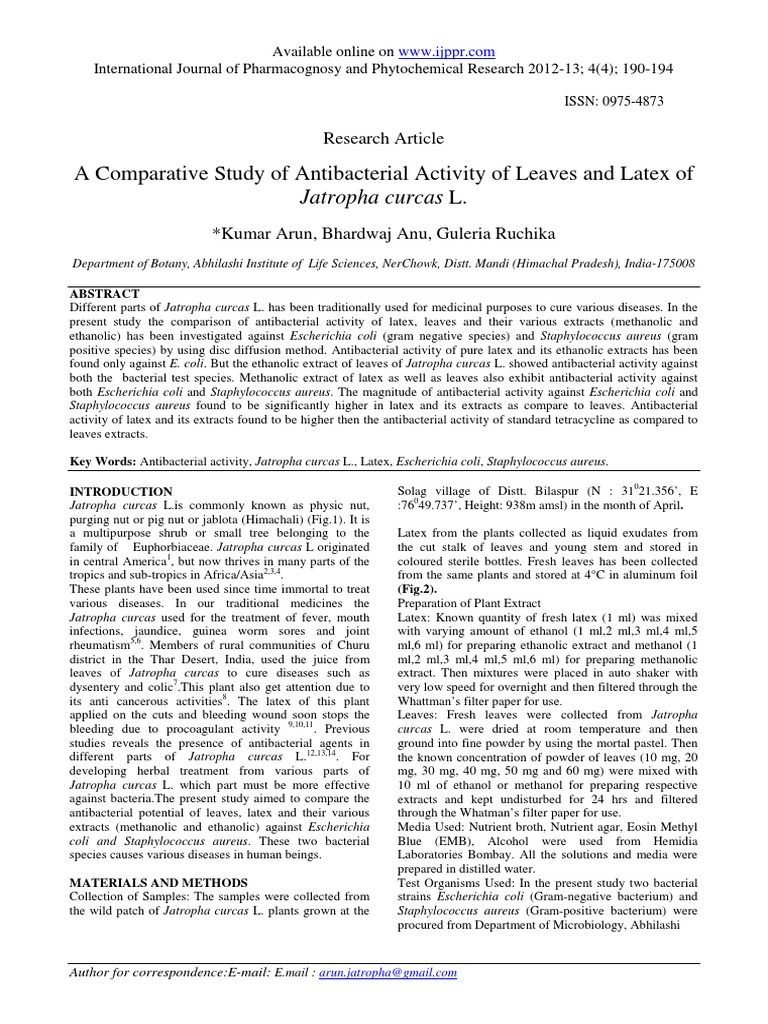 Antibacterial Activity of Jatropha Latex and Leaves | PDF ...