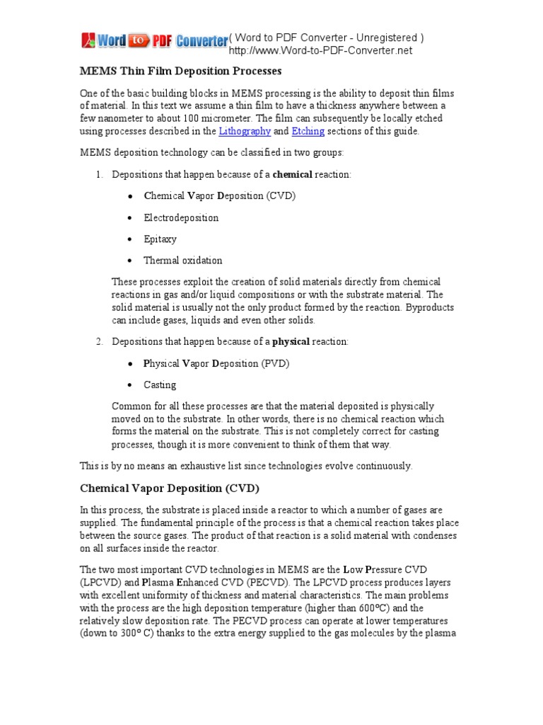 MEMS Thin Film Deposition Techniques | PDF | Epitaxy | Chemical Vapor ...