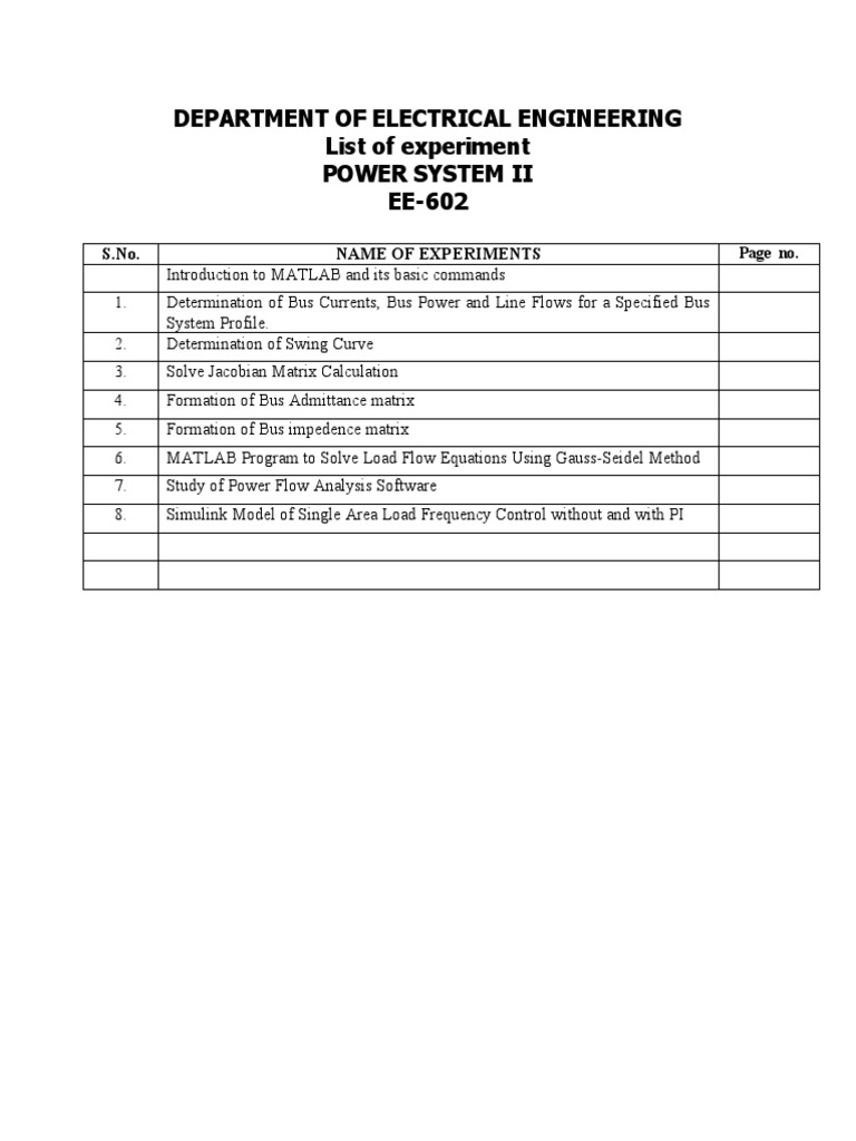 Department of Electrical Engineering List of Experiment Power System Ii