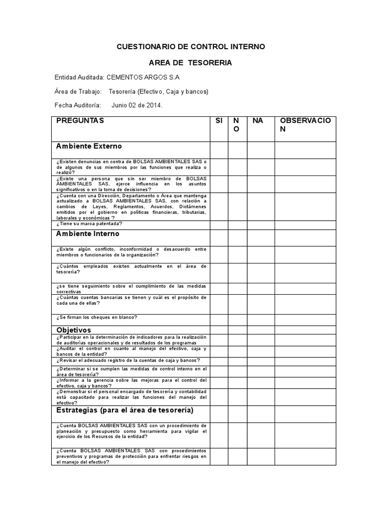 Cuestionario de Control Interno en Tesorería | PDF | Auditoría ...