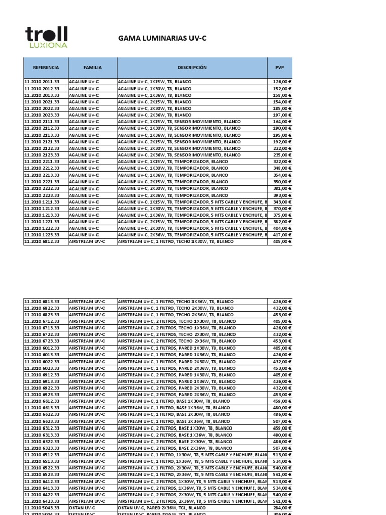 Troll Tarifa PVP Luminarias y Dispositivos UvC PDF