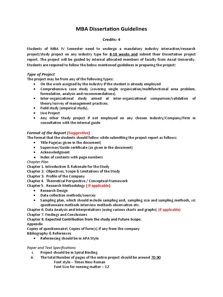 MBA Dissertation Guidelines: Type of Project | PDF | Thesis | Case Study