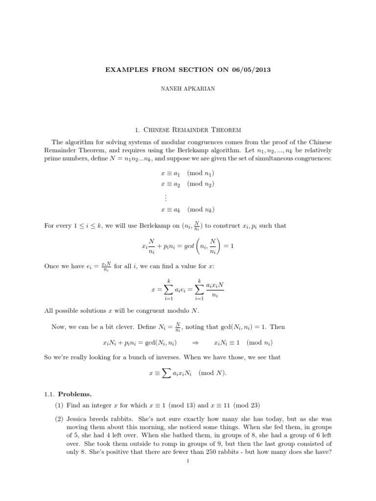 Chinese Remainder Theorem Examples | PDF | Algorithms | Discrete ...