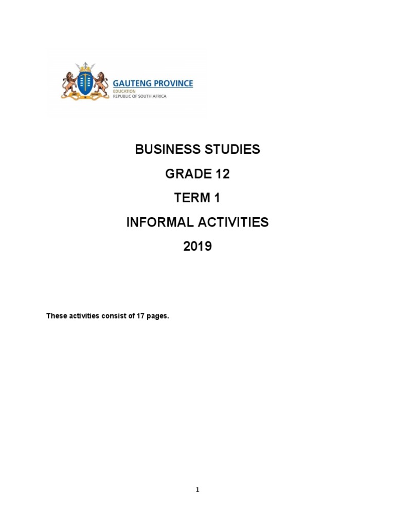 2019 Bstd Grade 12 Term 1 Informal Activities Business Ethics Employment