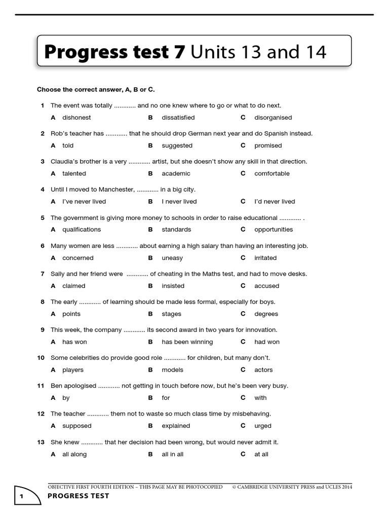 Progress Test 7 Units 13 and 14 | PDF | Learning