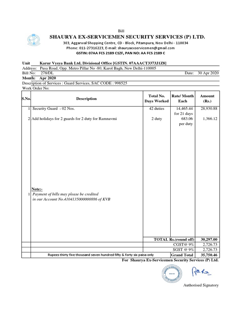 Bill for Guard Services from Shaurya Ex-Servicemen Security Services ...