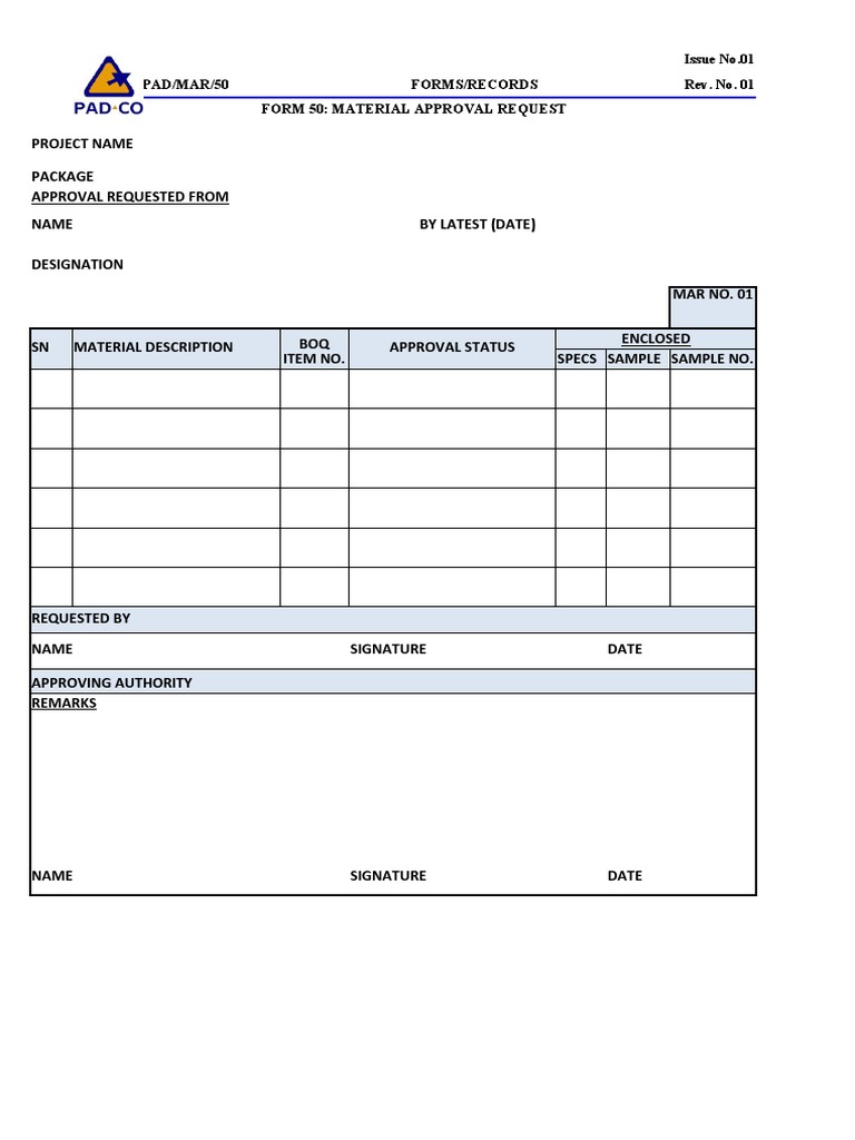 Material Approval Form PDF