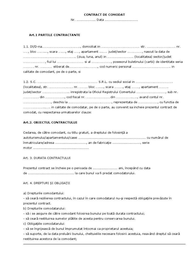 Contract de Comodat - Model | PDF