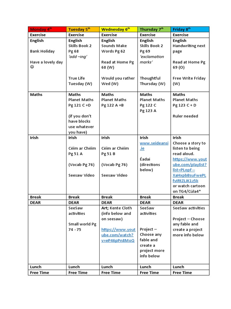 Weekly Student Activity Schedule | PDF