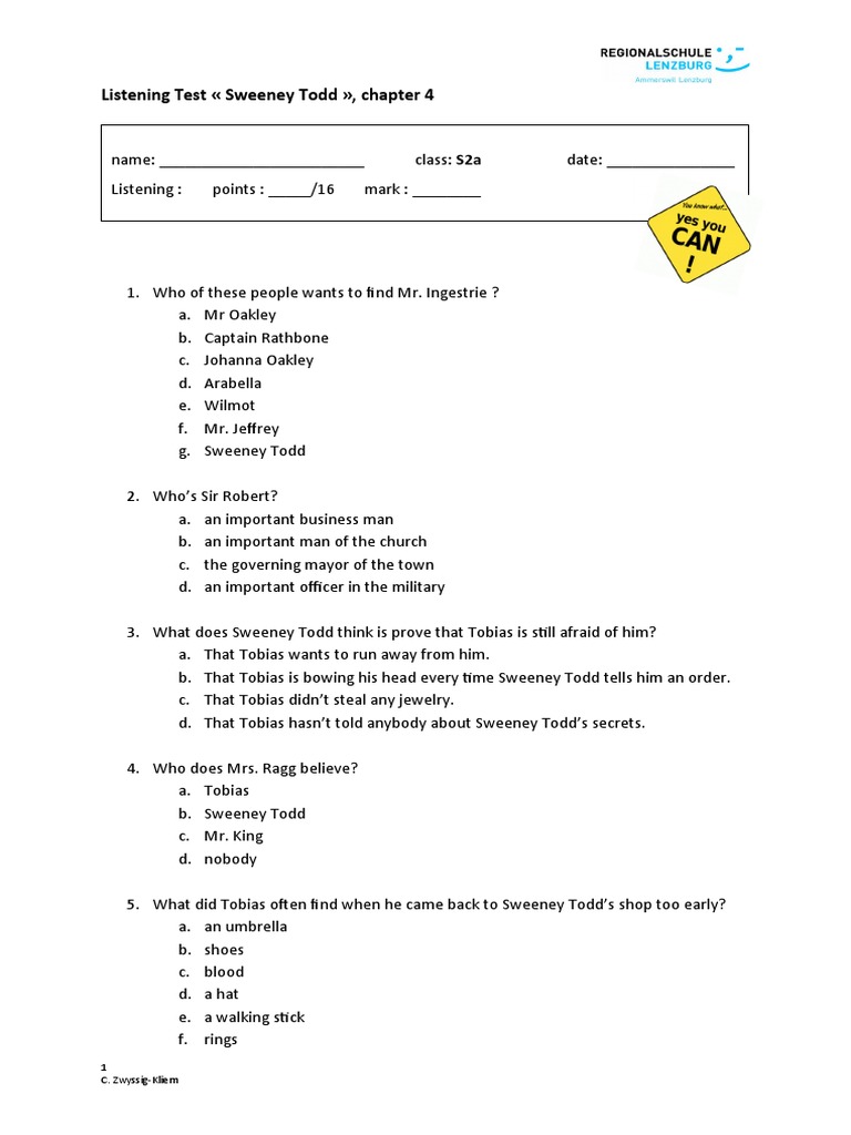 Listening Test: Sweeney Todd Chapter 4 | PDF | Language Arts ...