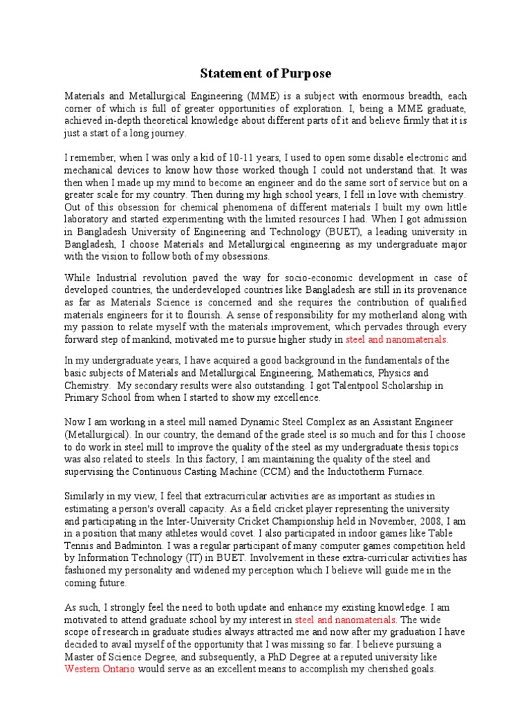 Statement of Purpose: Steel and Nanomaterials | PDF | Graduate 