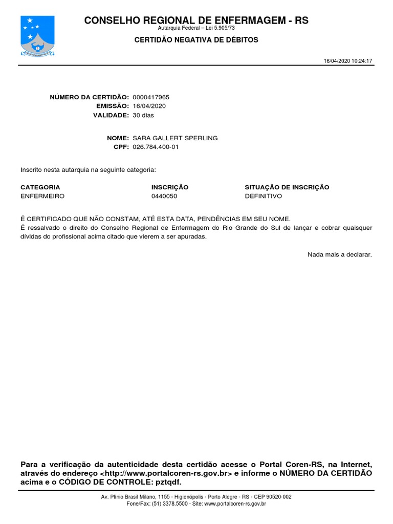 Certidão Negativa de Débitos - Coren RS | PDF | Finanças e ...