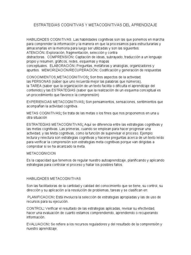 Estrategias Cognitivas y Metacognitivas Del Aprendizaje | PDF | Memoria ...