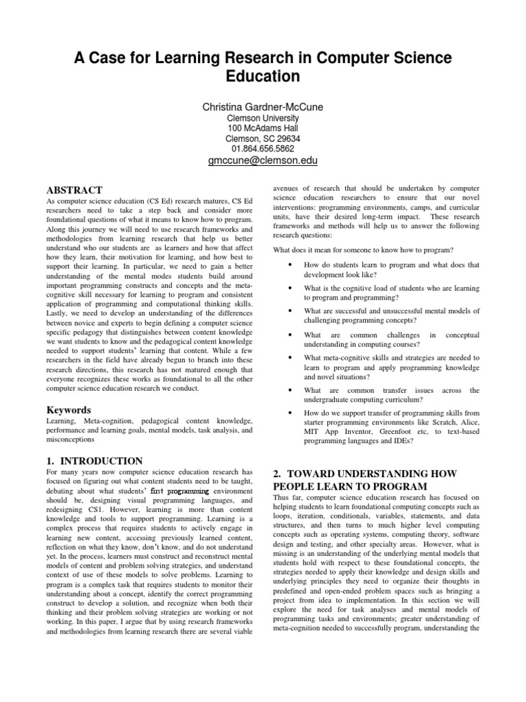 A Case For Learning Research in Computer PDF PDF Metacognition Expert