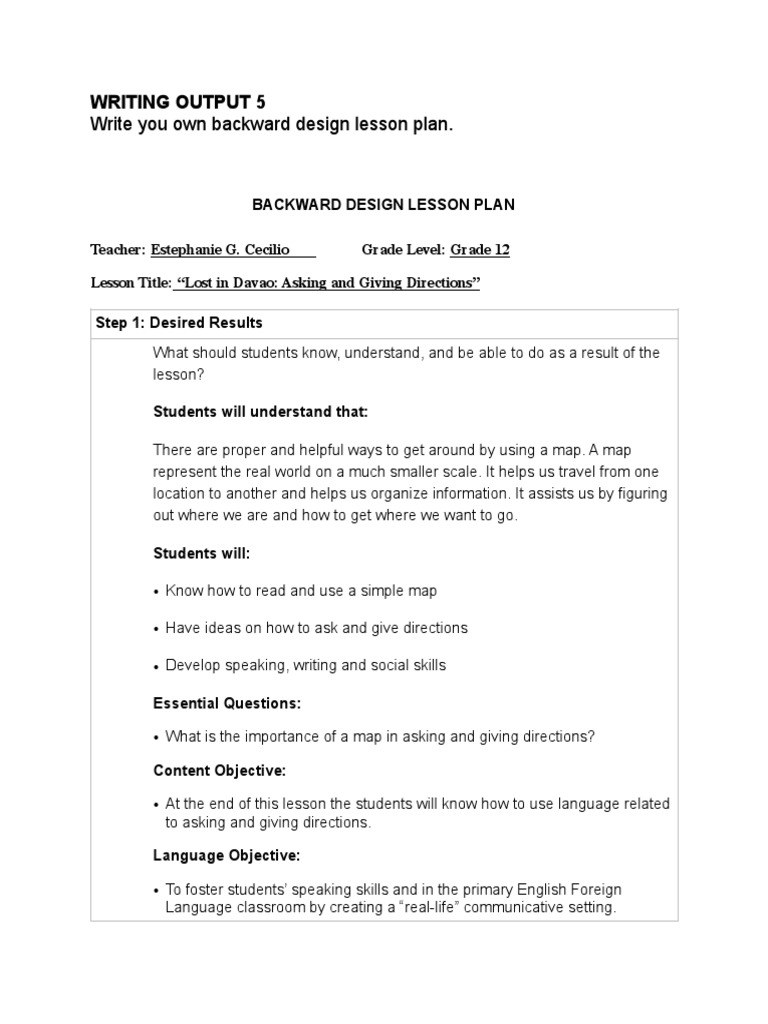 Write You Own Backward Design Lesson Plan.: Writing Output 5 | PDF ...