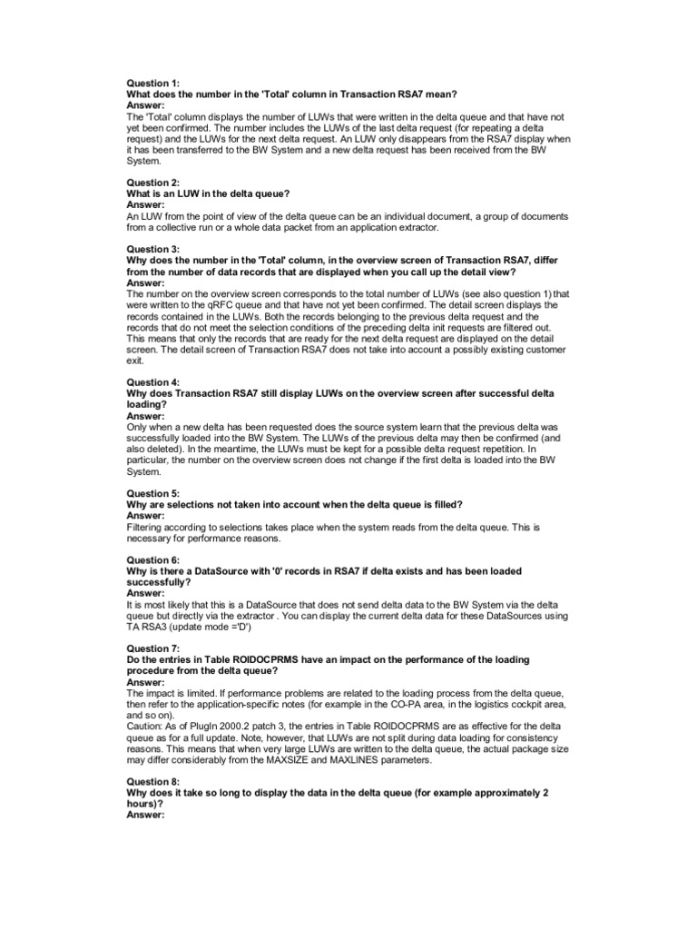 FAQ On BW Delta Queue (RSA7) PDF Database Transaction Data