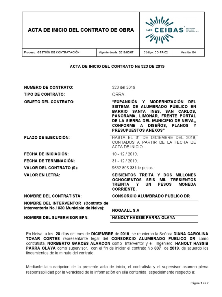 Acta de Inicio Contrato Obra Neiva 2019 | PDF