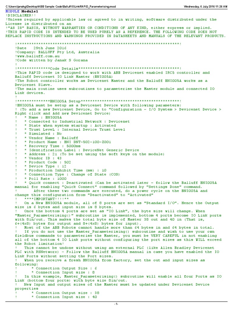 ABB RAPID Code for BNI005A Setup | PDF | Parameter (Computer ...