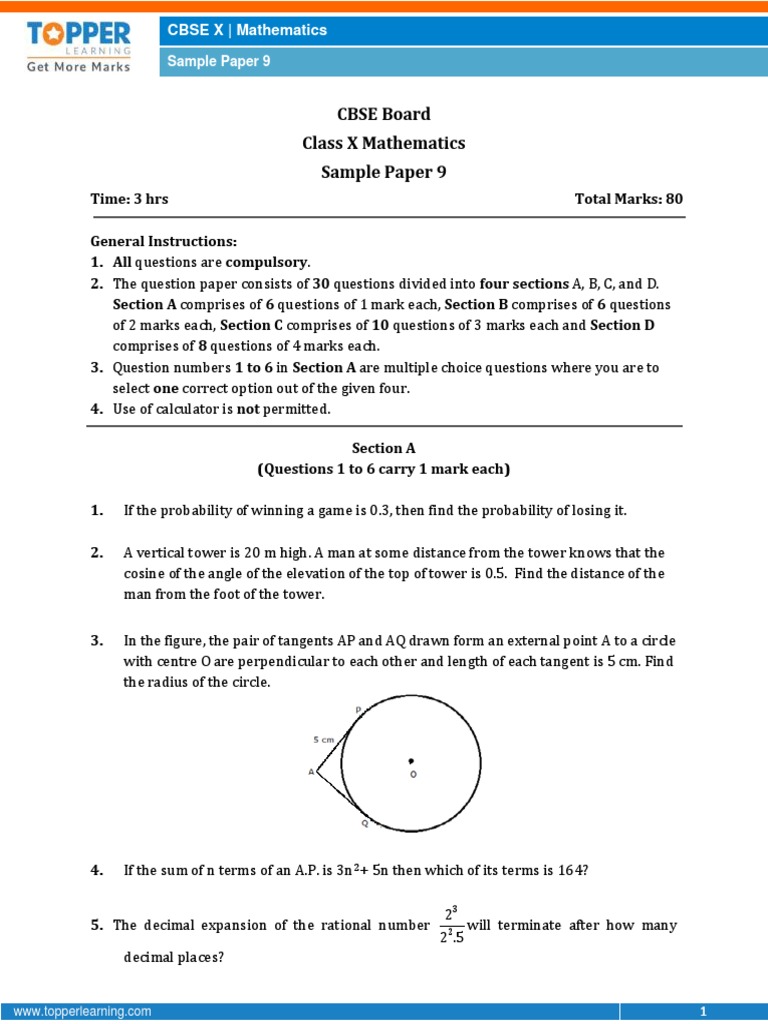 CBSE Board Class X Mathematics Sample Paper 9 | PDF | Circle ...