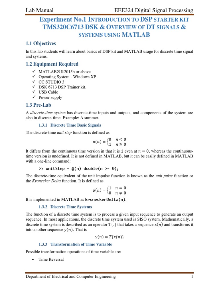 Experiment No.1 I DSP TMS320C6713 DSK & O DT & Matlab Lab Manual