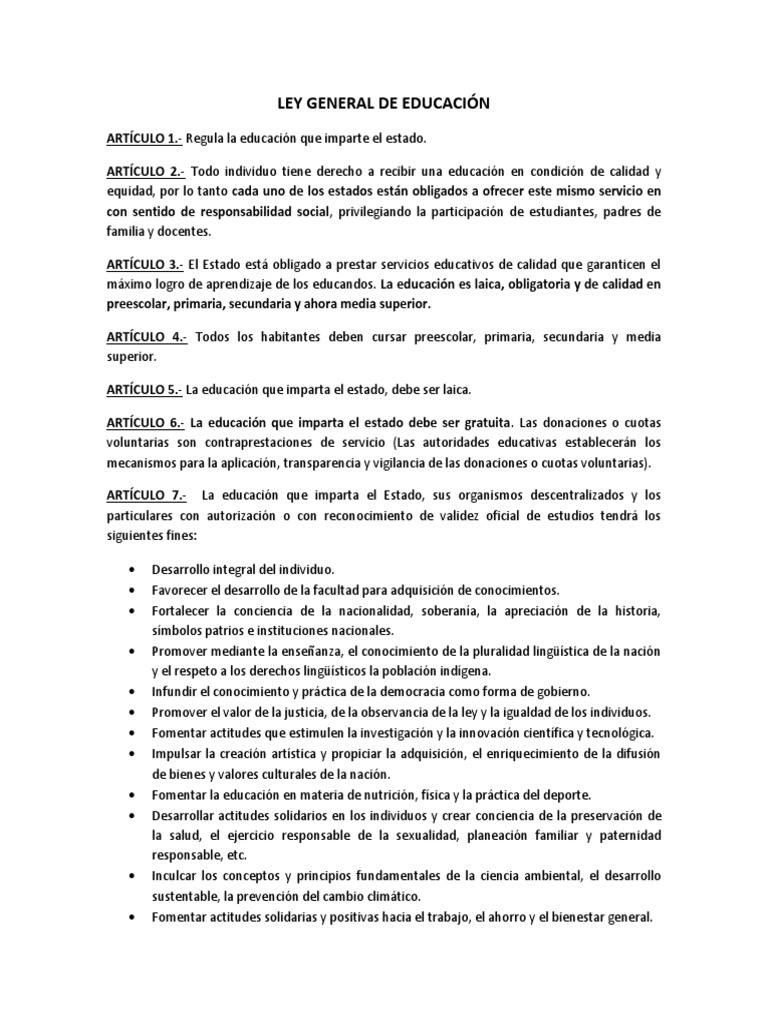 LEY GENERAL DE EDUCACION Resumen | PDF | Educación primaria | Educación ...