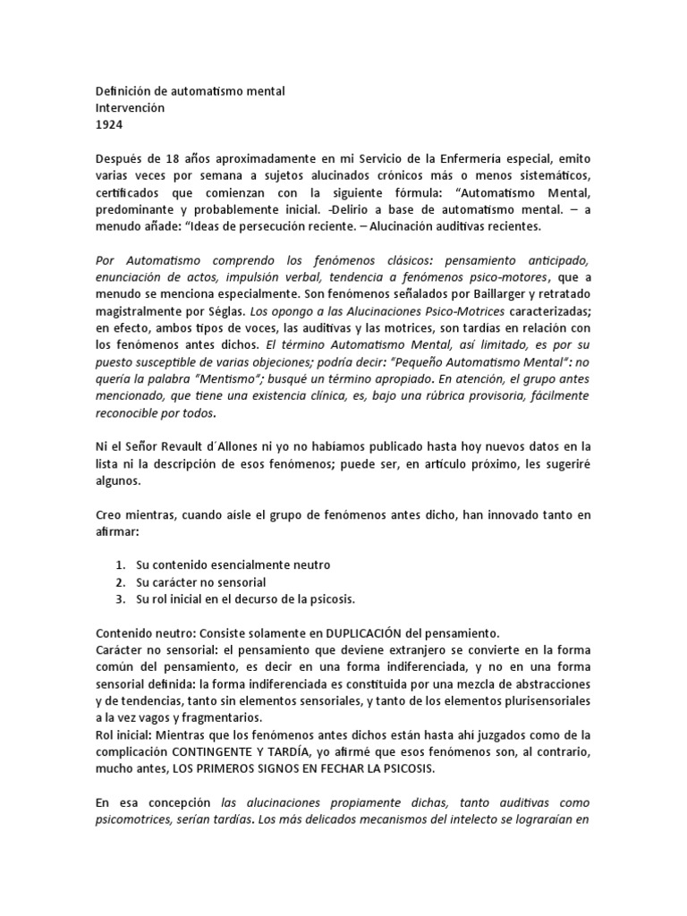 Definición de Automatismo Mental | PDF | Engaño | Psicosis