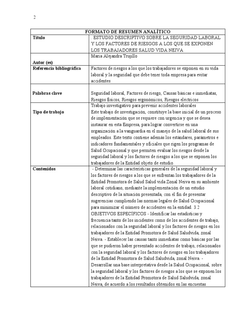 FORMATO DE RESUMEN ANALÍTICO Rae | PDF | Seguridad y salud ocupacional ...