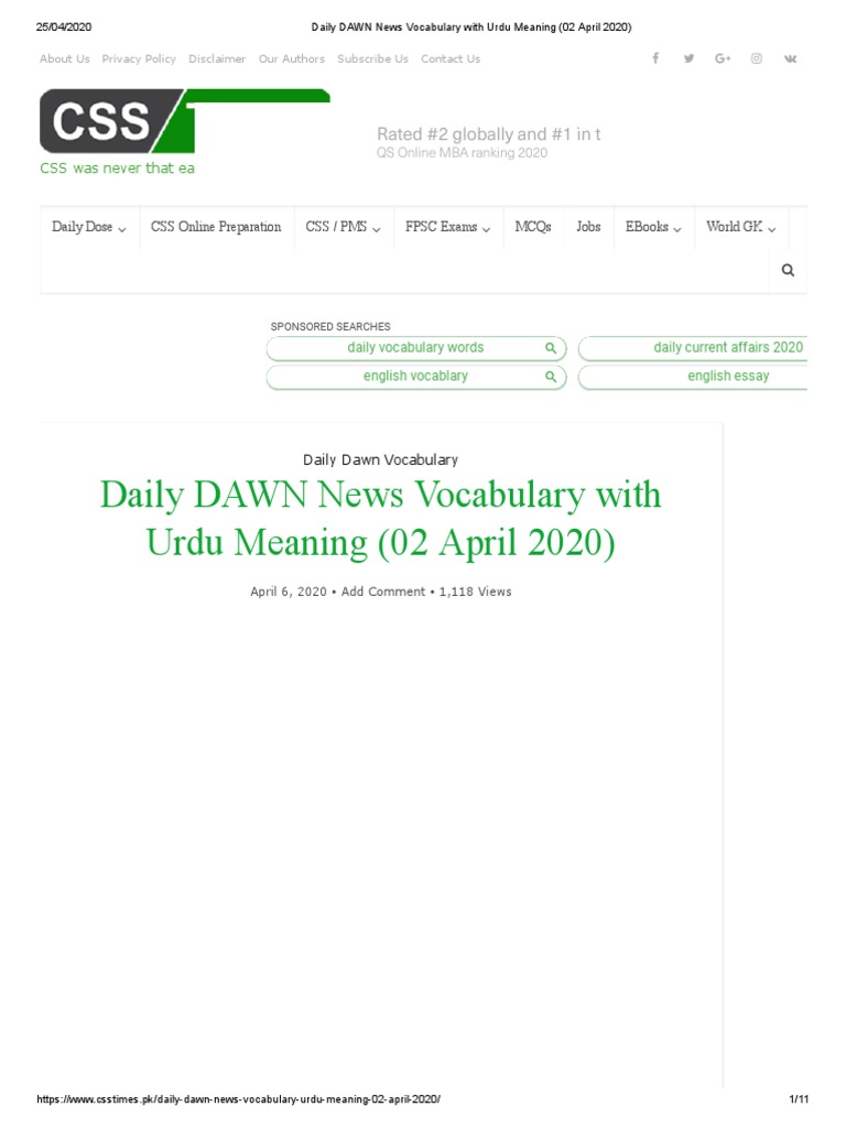 Daily DAWN News Vocabulary with Urdu Meaning (06 March 2020)
