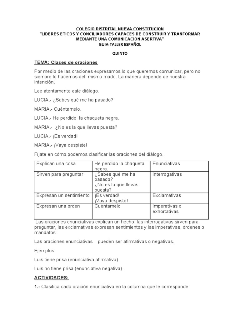 Clases de Oraciones: Guía y Actividades | PDF | Artes del Lenguaje y ...