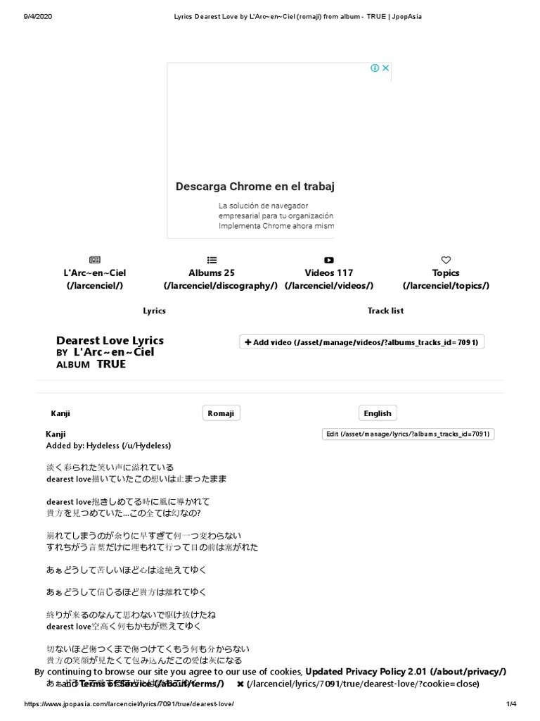 Lyrics Dearest Love By L Arc En Ciel Romaji From Album True Internet Privacy Privacy