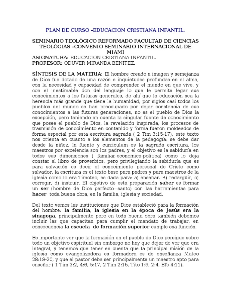 Plan de Curso Educacion Cristiana Infantil | PDF | Aprendizaje | Biblia