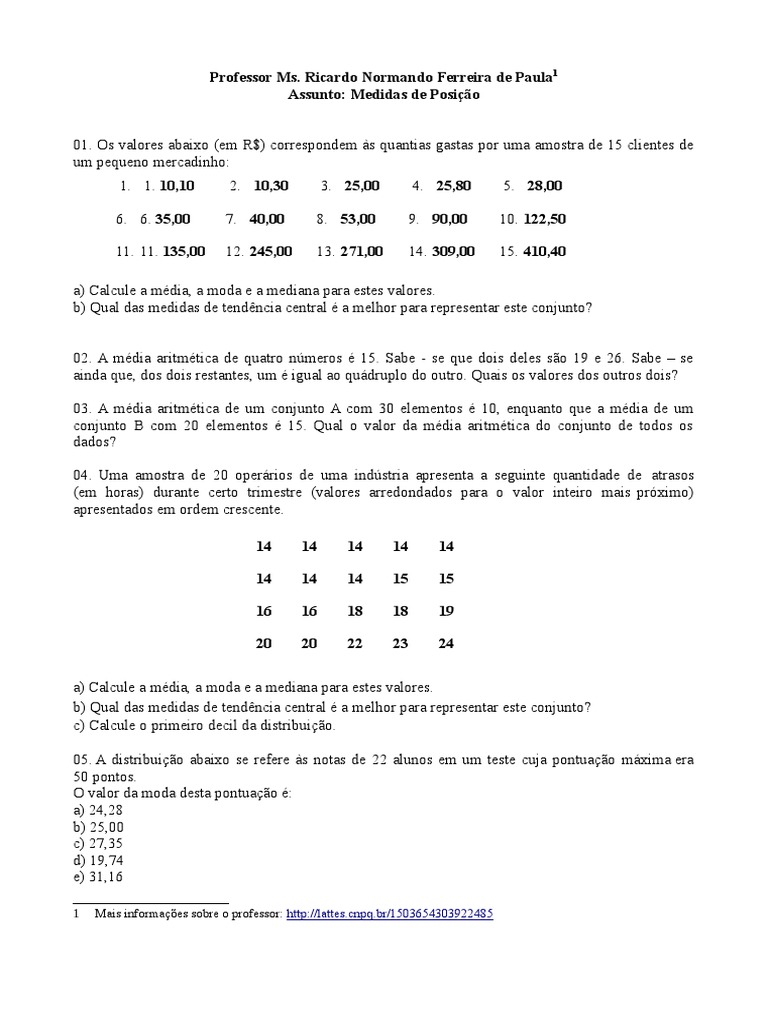 Exercícios sobre Medidas de Tendência Central | PDF | Média | Mediana ...