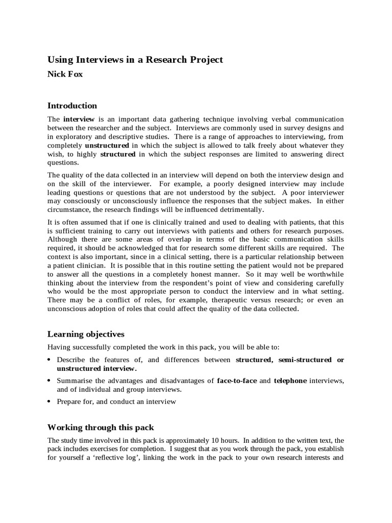 Using Interviews In A Research Project Nick Fox Pdf Interview