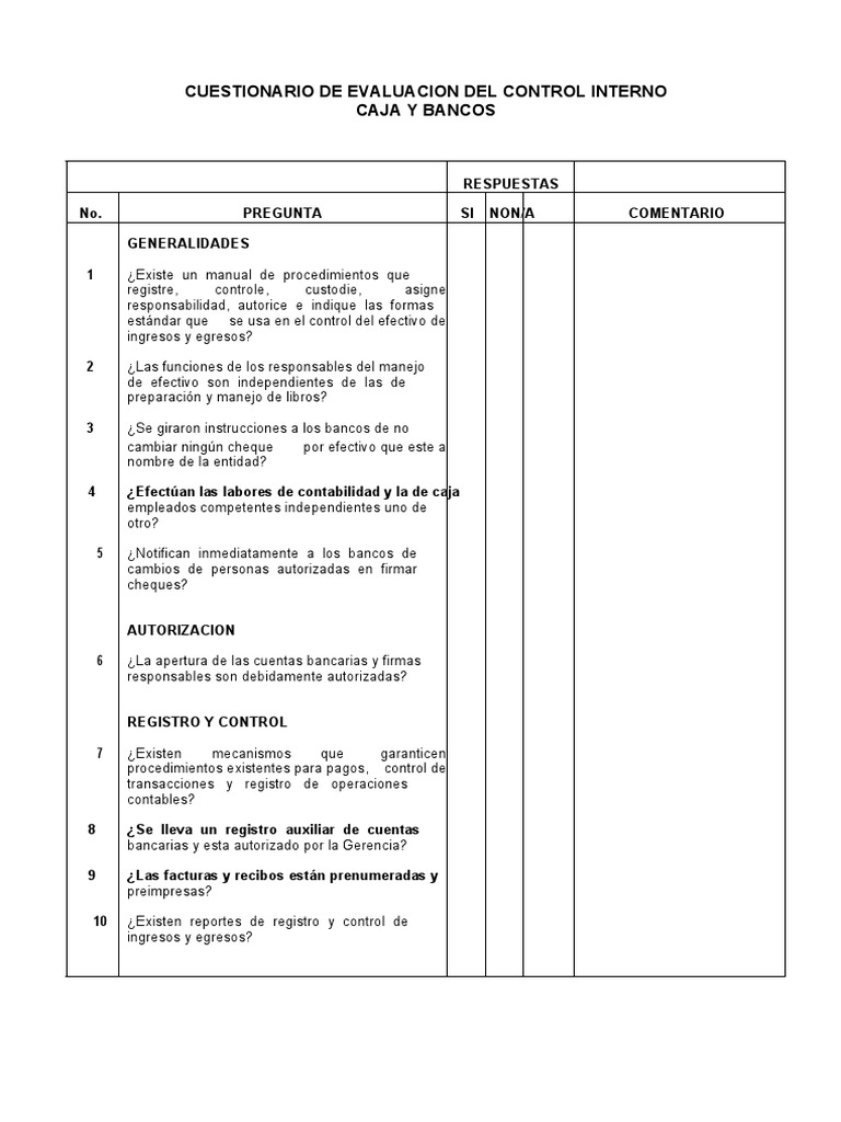 Cuestionario Control Interno Caja y Bancos | PDF | Cheque | Bancos