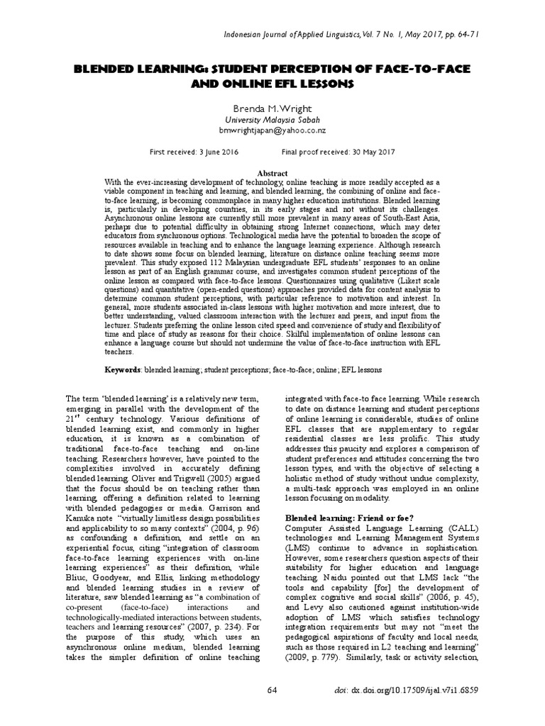 Student Perception of Face-To-Face and Online Efl Lessons | PDF ...