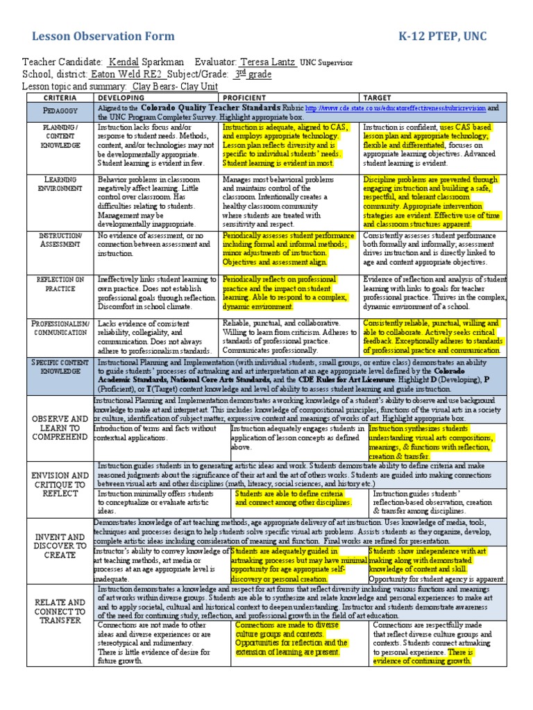 3kendal Sparkman Observatio Form | PDF | Teaching Method | Educational ...