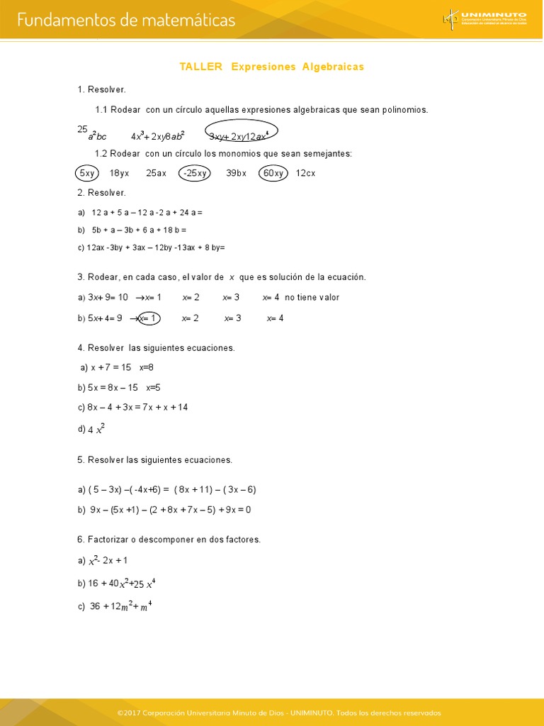 Taller de Expresiones Algebraicas | PDF | Métodos y materiales de enseñanza