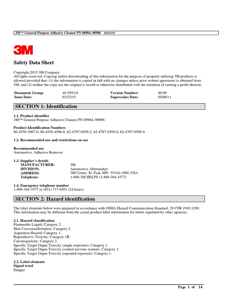 Safety Data Sheet 3M™ General Purpose Adhesive Cleaner PN 08984, 08986