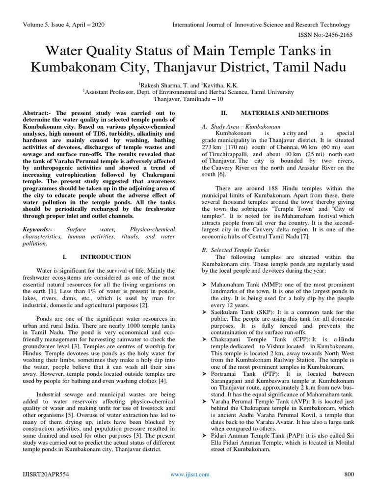 Water Quality Status of Main Temple PDF Magnesium Water Quality