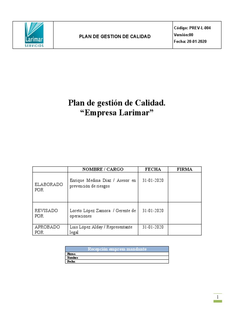 Plan de Gestión de Calidad ISO 9001 | PDF | Sistema de manejo de ...