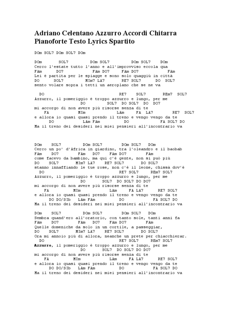 Adriano Celentano Azzurro Accordi Chitarra Pianoforte Testo Lyrics Spartito PDF