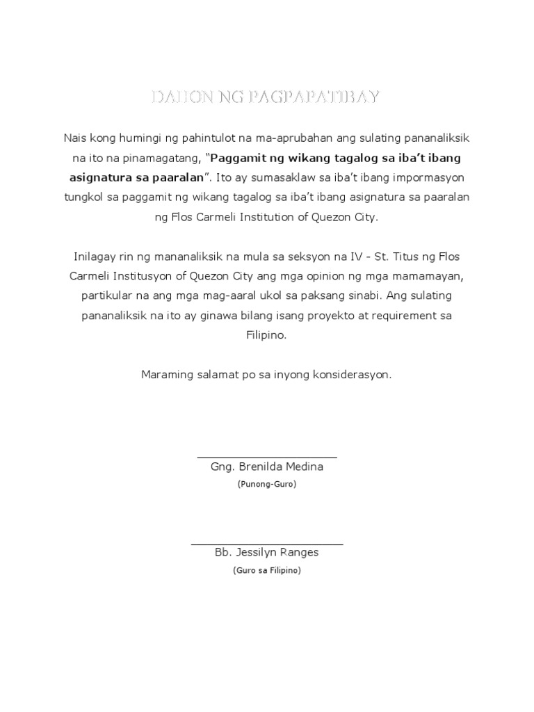 Paggamit ng Wikang Tagalog sa Iba't Ibang Asignatura sa Paaralan
